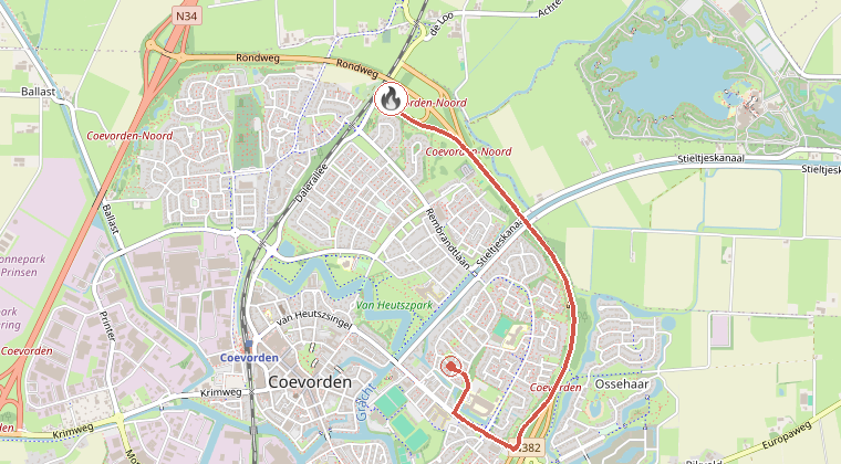 Kaart van de omgeving van de melding, met de kazerne die is gealarmeerd