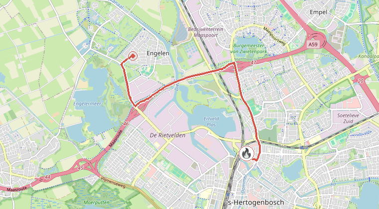 Kaart van de omgeving van de melding, met de kazerne die is gealarmeerd