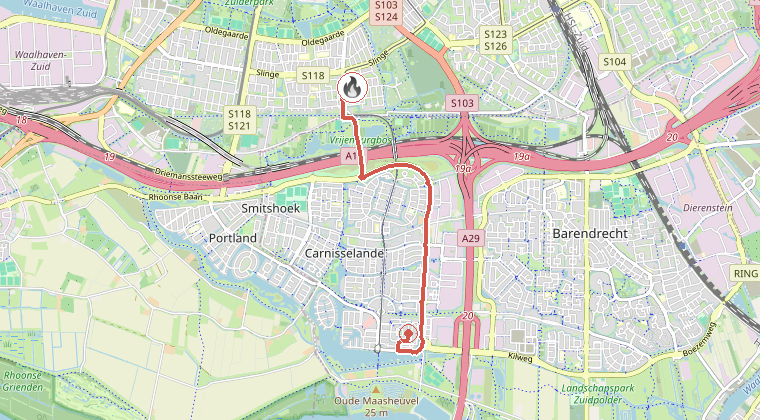 Kaart van de omgeving van de melding, met de kazerne die is gealarmeerd