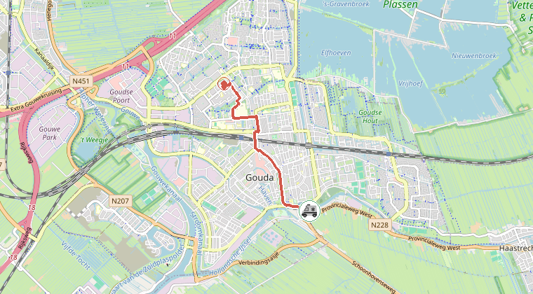 Kaart van de omgeving van de melding, met de kazerne die is gealarmeerd