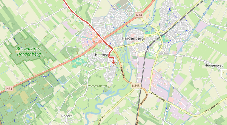 Kaart van de omgeving van de melding, met de kazerne die is gealarmeerd