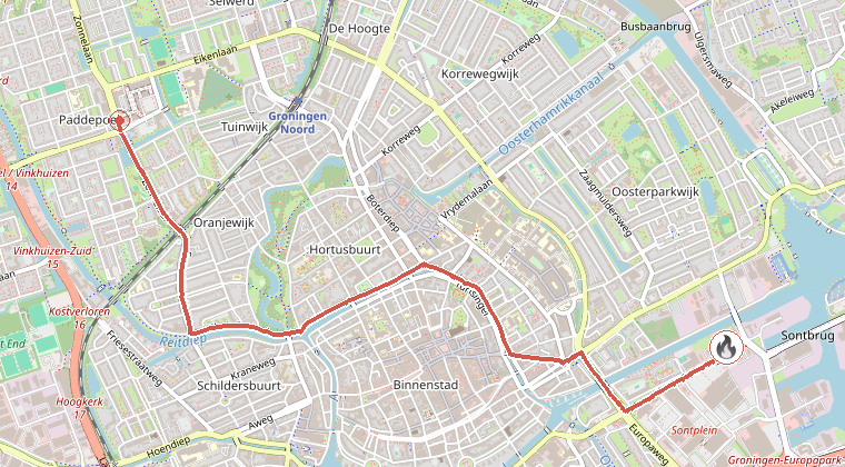 Kaart van de omgeving van de melding, met de kazerne die is gealarmeerd