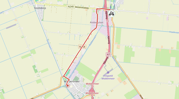 Kaart van de omgeving van de melding, met de kazerne die is gealarmeerd