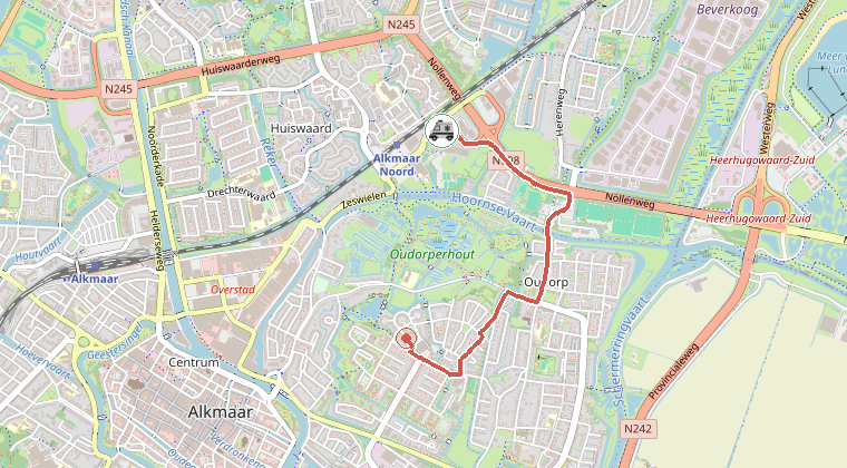 Kaart van de omgeving van de melding, met de kazerne die is gealarmeerd