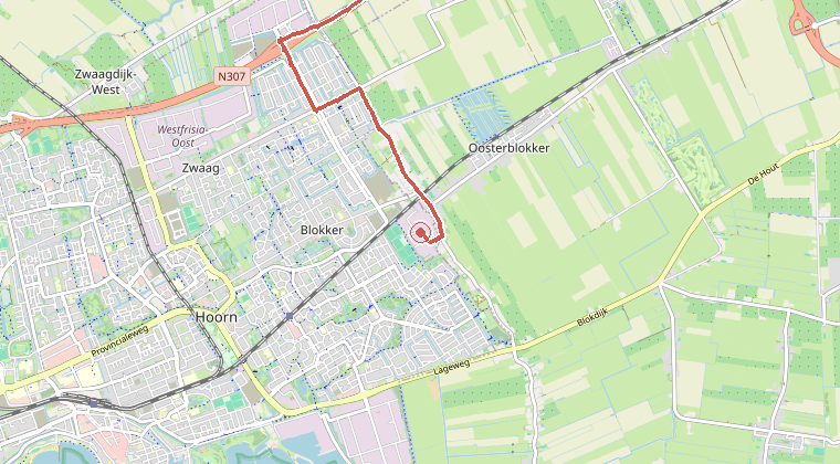 Kaart van de omgeving van de melding, met de kazerne die is gealarmeerd