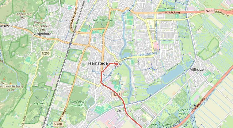 Kaart van de omgeving van de melding, met de kazerne die is gealarmeerd
