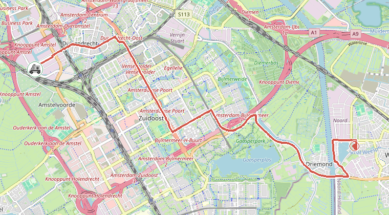 Kaart van de omgeving van de melding, met de kazerne die is gealarmeerd
