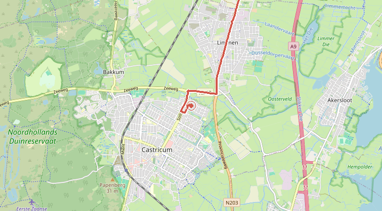 Kaart van de omgeving van de melding, met de kazerne die is gealarmeerd