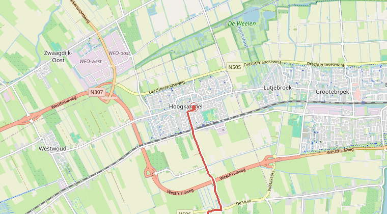 Kaart van de omgeving van de melding, met de kazerne die is gealarmeerd