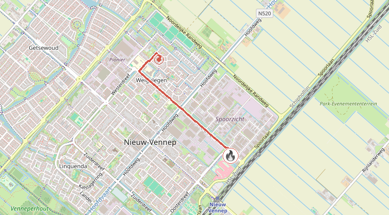 Kaart van de omgeving van de melding, met de kazerne die is gealarmeerd