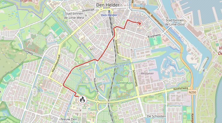 Kaart van de omgeving van de melding, met de kazerne die is gealarmeerd