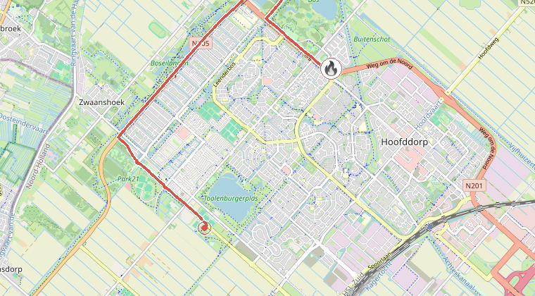 Kaart van de omgeving van de melding, met de kazerne die is gealarmeerd