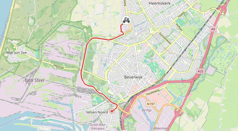 Kaart van de omgeving van de melding, met de kazerne die is gealarmeerd