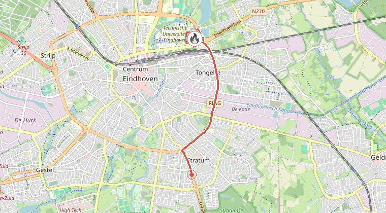 Kaart van de omgeving van de melding, met de kazerne die is gealarmeerd