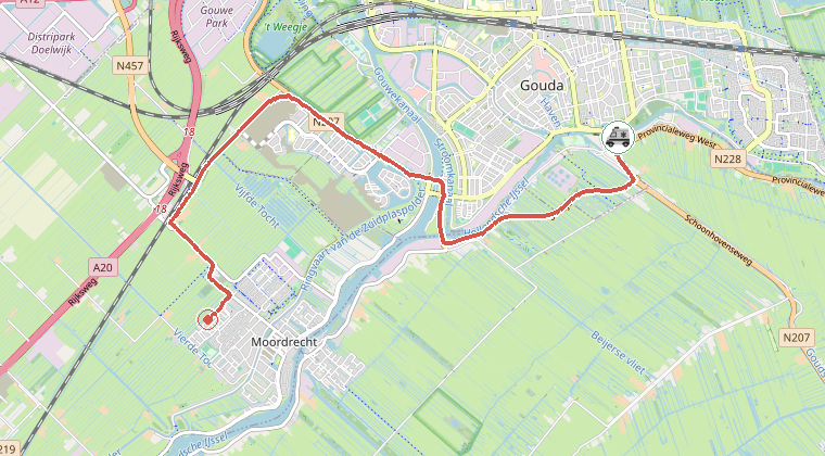 Kaart van de omgeving van de melding, met de kazerne die is gealarmeerd