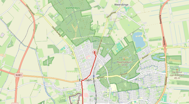 Kaart van de omgeving van de melding, met de kazerne die is gealarmeerd