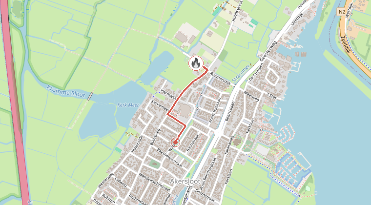 Kaart van de omgeving van de melding, met de kazerne die is gealarmeerd