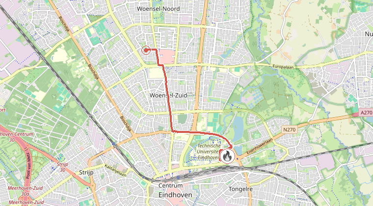 Kaart van de omgeving van de melding, met de kazerne die is gealarmeerd