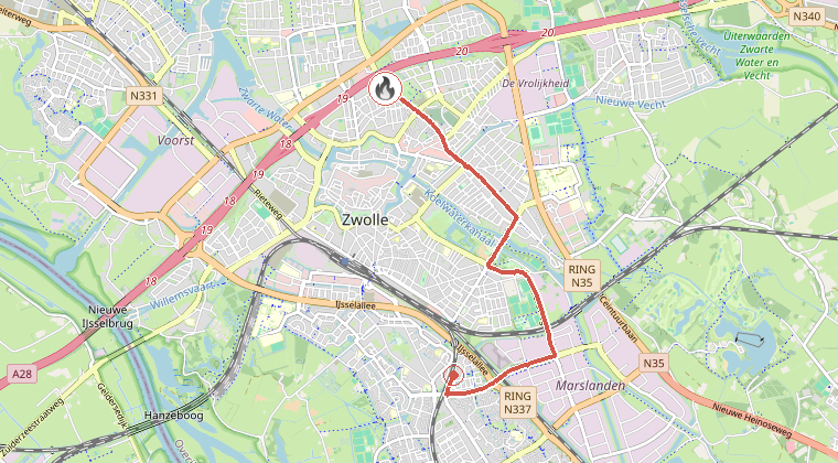 Kaart van de omgeving van de melding, met de kazerne die is gealarmeerd