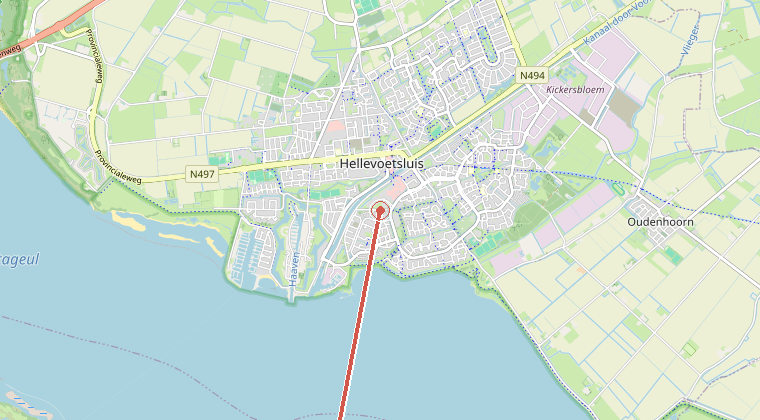 Kaart van de omgeving van de melding, met de kazerne die is gealarmeerd