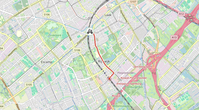 Kaart van de omgeving van de melding, met de kazerne die is gealarmeerd