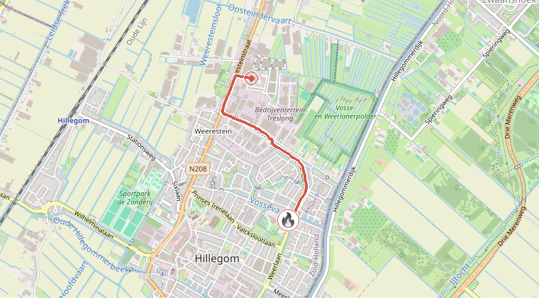 Kaart van de omgeving van de melding, met de kazerne die is gealarmeerd