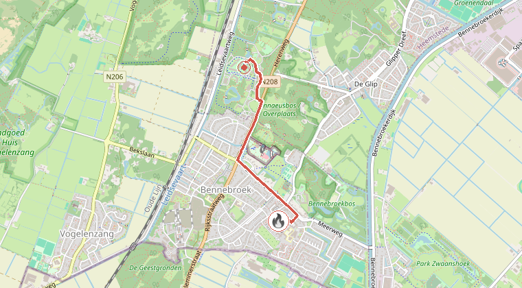 Kaart van de omgeving van de melding, met de kazerne die is gealarmeerd