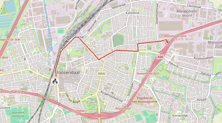 Kaart van de omgeving van de melding, met de kazerne die is gealarmeerd