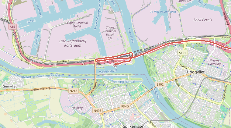 Kaart van de omgeving van de melding, met de kazerne die is gealarmeerd