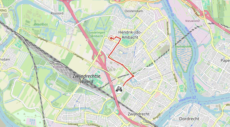 Kaart van de omgeving van de melding, met de kazerne die is gealarmeerd