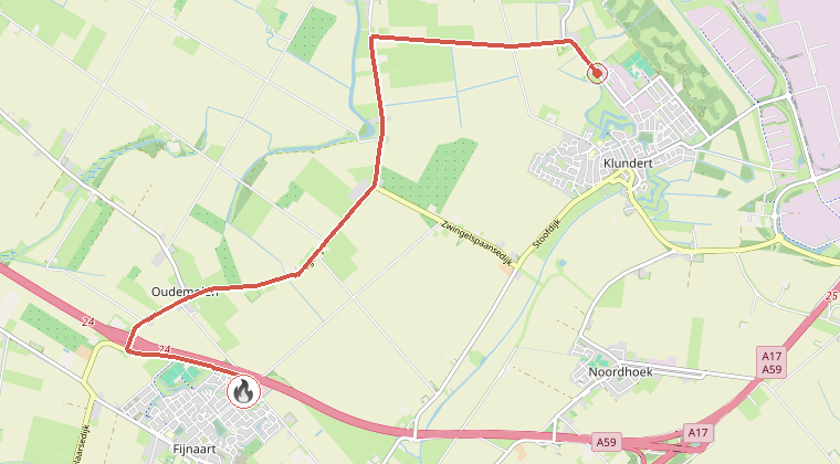 Kaart van de omgeving van de melding, met de kazerne die is gealarmeerd