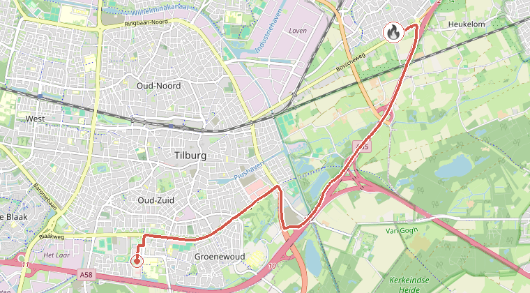 Kaart van de omgeving van de melding, met de kazerne die is gealarmeerd