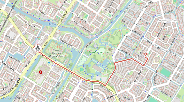 Kaart van de omgeving van de melding, met de kazerne die is gealarmeerd
