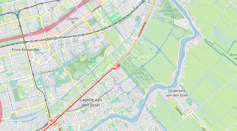 Kaart van de omgeving van de melding, met de kazerne die is gealarmeerd
