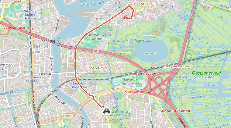 Kaart van de omgeving van de melding, met de kazerne die is gealarmeerd