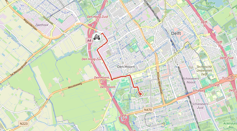 Kaart van de omgeving van de melding, met de kazerne die is gealarmeerd