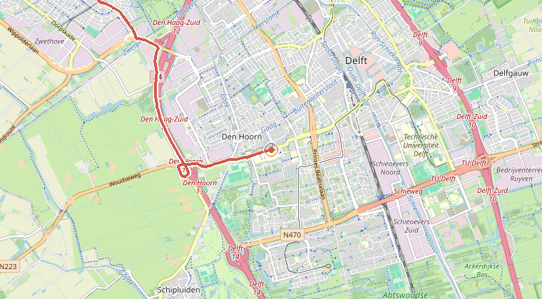 Kaart van de omgeving van de melding, met de kazerne die is gealarmeerd