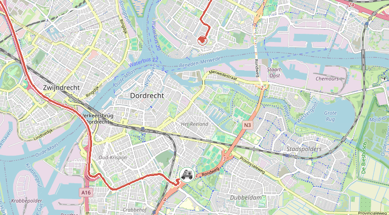 Kaart van de omgeving van de melding, met de kazerne die is gealarmeerd