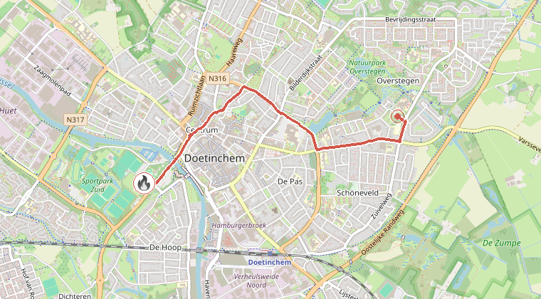 Kaart van de omgeving van de melding, met de kazerne die is gealarmeerd