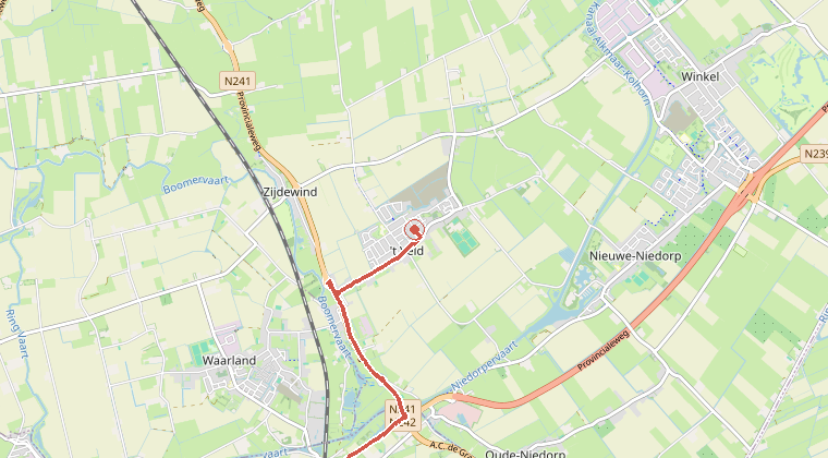 Kaart van de omgeving van de melding, met de kazerne die is gealarmeerd