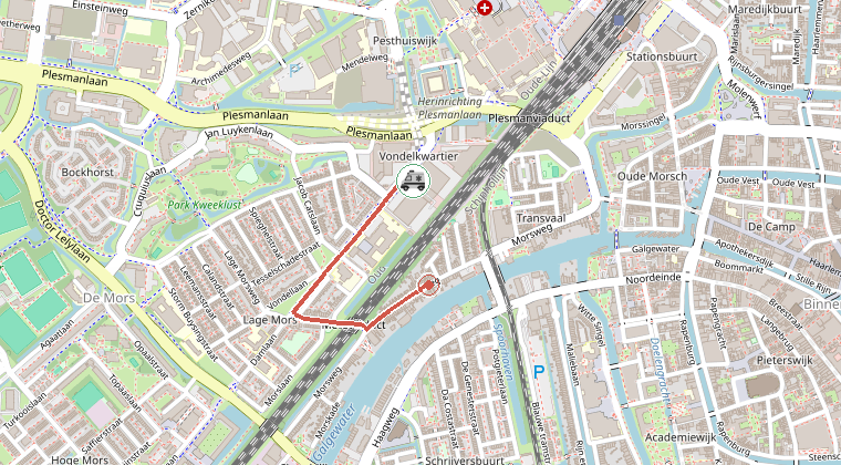 Kaart van de omgeving van de melding, met de kazerne die is gealarmeerd