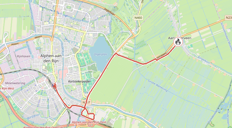 Kaart van de omgeving van de melding, met de kazerne die is gealarmeerd
