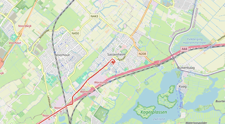 Kaart van de omgeving van de melding, met de kazerne die is gealarmeerd