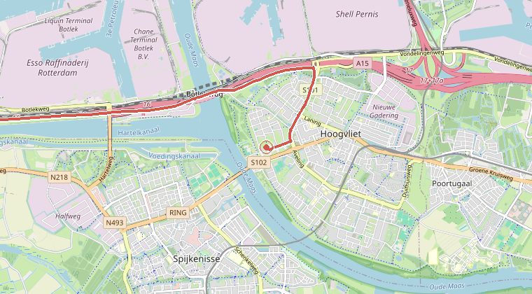 Kaart van de omgeving van de melding, met de kazerne die is gealarmeerd