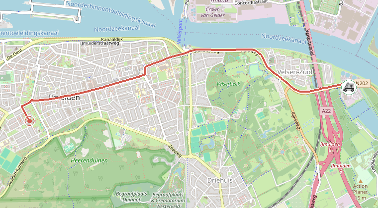 Kaart van de omgeving van de melding, met de kazerne die is gealarmeerd