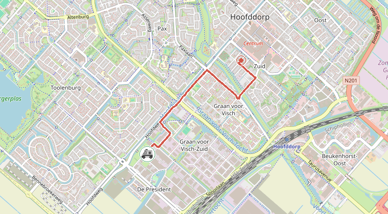 Kaart van de omgeving van de melding, met de kazerne die is gealarmeerd
