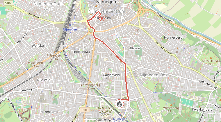Kaart van de omgeving van de melding, met de kazerne die is gealarmeerd