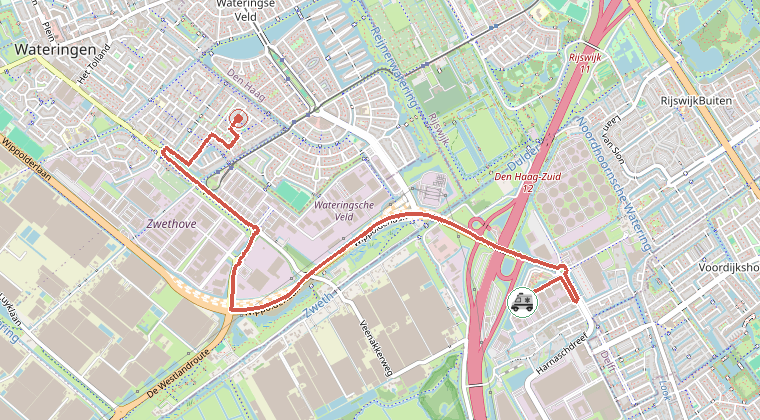 Kaart van de omgeving van de melding, met de kazerne die is gealarmeerd
