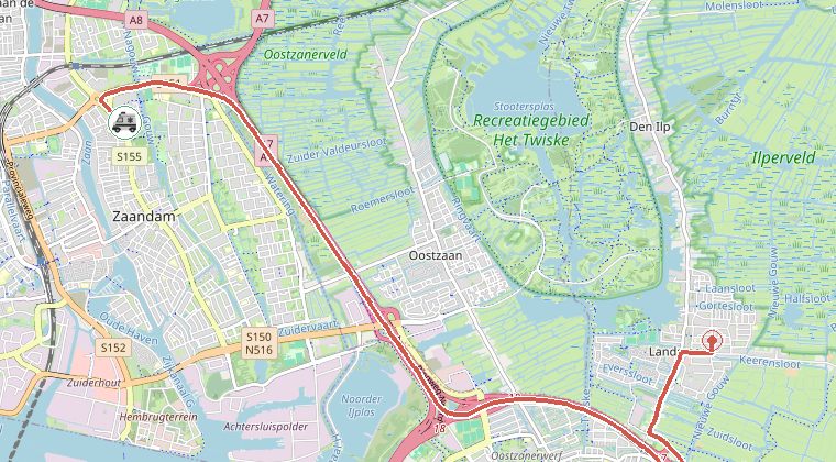 Kaart van de omgeving van de melding, met de kazerne die is gealarmeerd
