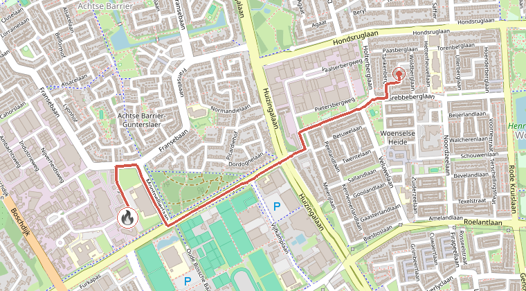 Kaart van de omgeving van de melding, met de kazerne die is gealarmeerd